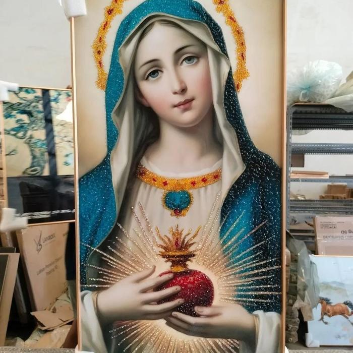 Lukisan Bunda Maria Diamond 5D Premium Ratu Surgawi Bingkai Gold Size 60x120 mm Bunda Yesus Kristus