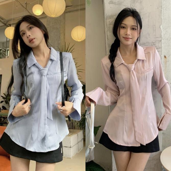 Kemeja Pita Gaya Kemeja Pita Gaya Korea Putih Biru Wanita Atasan Lengan Panjang
