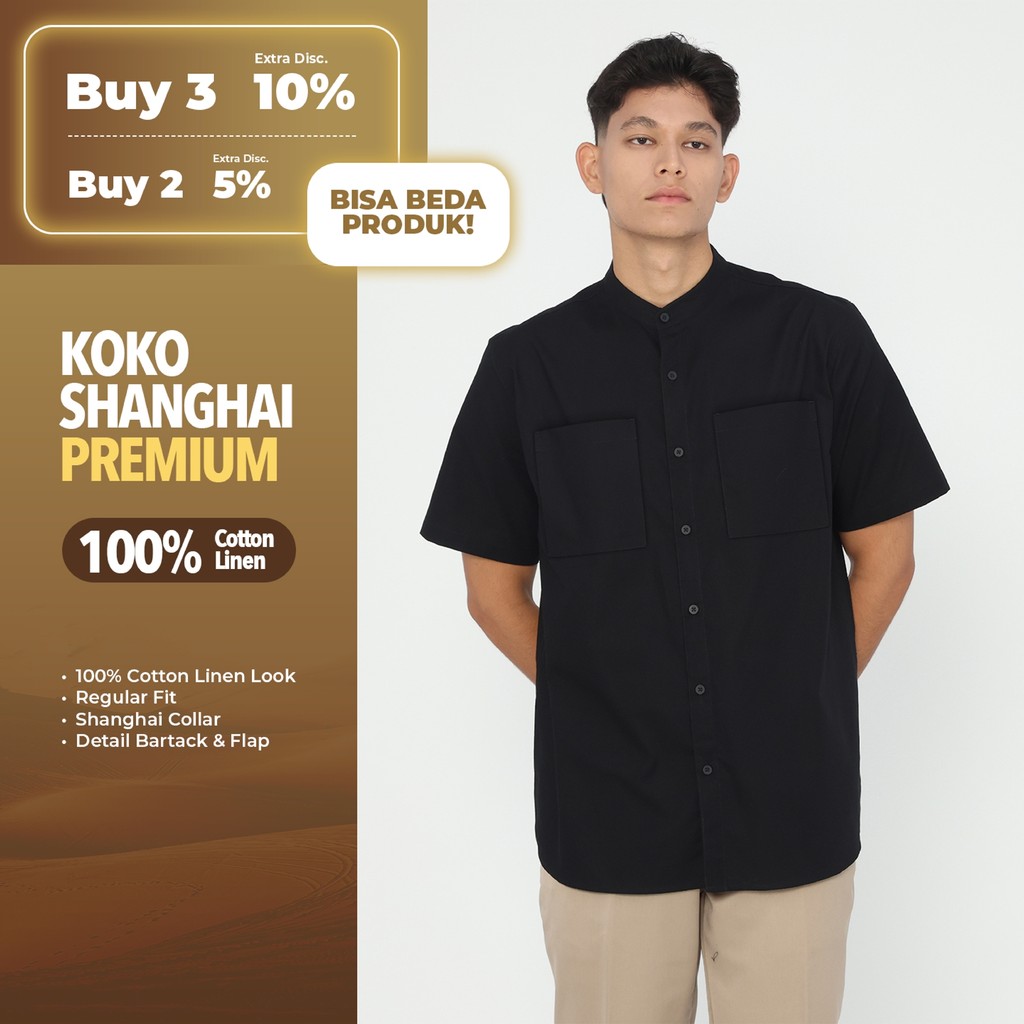 Erigo Koko Shanghai Premium Short Sleeve Bachar Black - Baju Koko Lengan Pendek Premium Katun Linen 