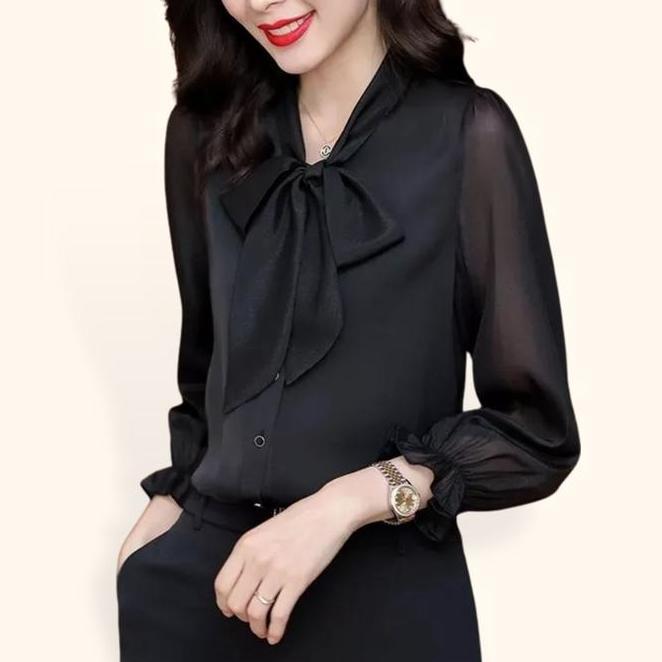 Kemeja Baju Atasan Kemeja Baju Atasan Wanita Hitam Chiffon Sifon Lengan Panjang