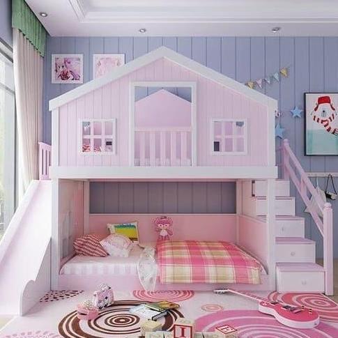 Terlaris Ranjang Tempat Tidur Tingkat Rumah Perosotan - Dipan Susun Anak Pink