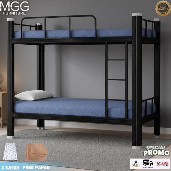 Terlaris Mgg Furniture Ranjang Susun 90X200 Cm Tempat Tidur Besi 2 Tingkat Dengan Papan Kayu Gratis 