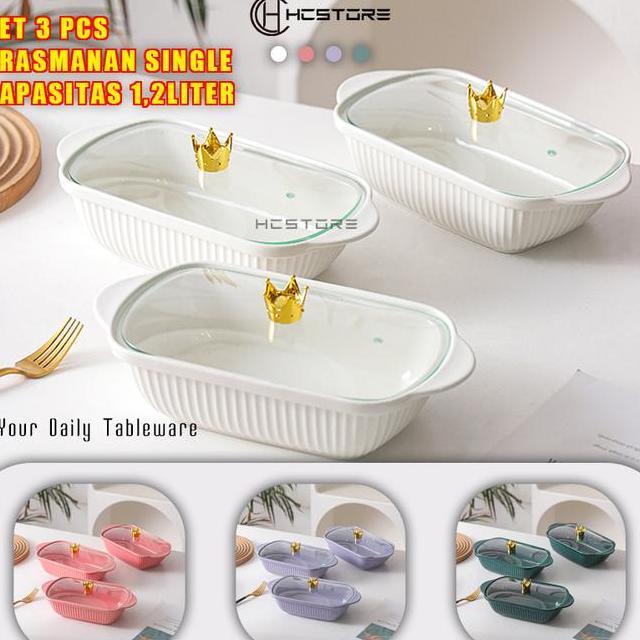Hc Set Isi 3 Prasmanan Keramik Tutup Kaca Crown Tempat Lauk Keramik Piring Saji Piring Lauk Microwav