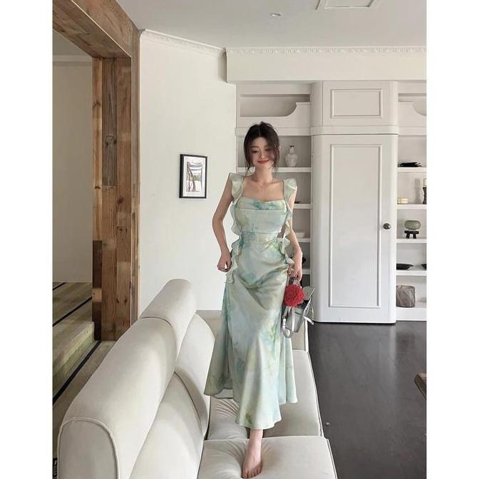 SOJEHBOW dress biru muda bunga wanita korean style pestapantai cantik Lengan Pendek midi dress terba