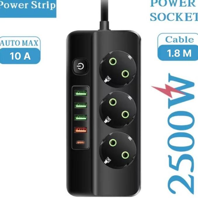 COLOKAN LISTRIK USB 3 LUBANG STOP KONTAK TYPE C PORT SOKET EU PLUG 10A 110 - 250 VOLT 2500 WATT READ