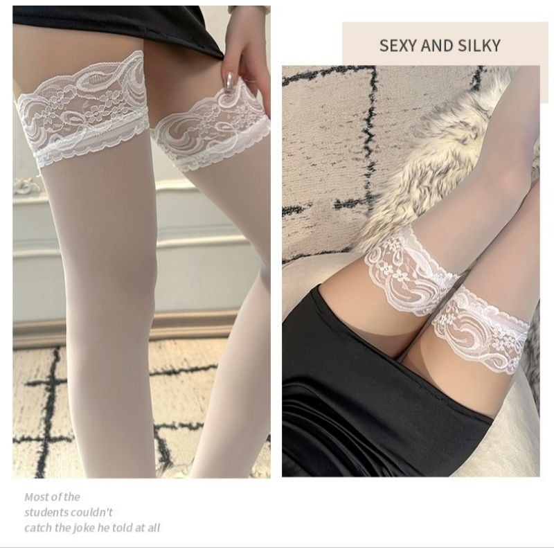 PhiphiiStoking Stocking Wanita Pendek Sepaha High Knee Elastis Renda Bunga Hitam Putih Merah