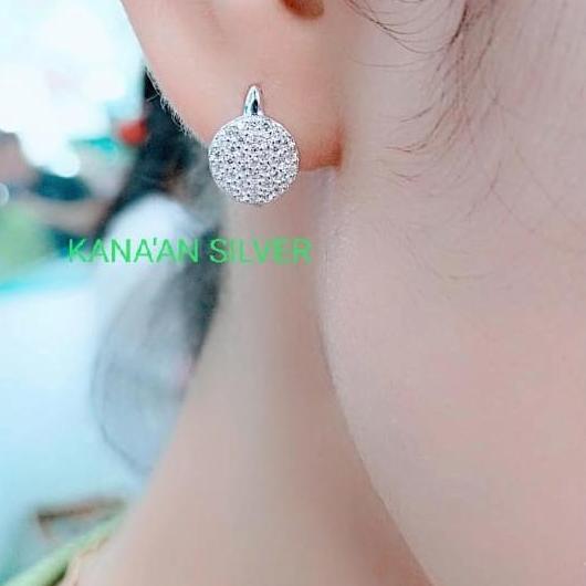 Anting Jepit Bulat Fashion /Perak Asli 925 Lapis Emas Putih