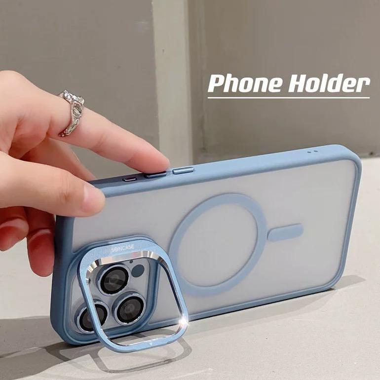 cuci gudang hollow case magsafe luxury metalic lens protector + standable - hardcase/ casing hp comp