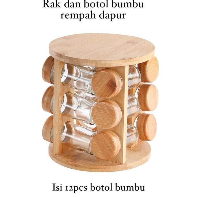 SWASAGARA [MS] Rak Kayu dan Botol Bumbu kaca Dapur Rak Putar Bumbu Spice Carouse
