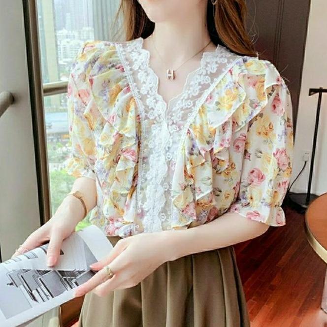 Blouse Shanghai Floral Blouse Shanghai Floral V Neck Atasan - 904081