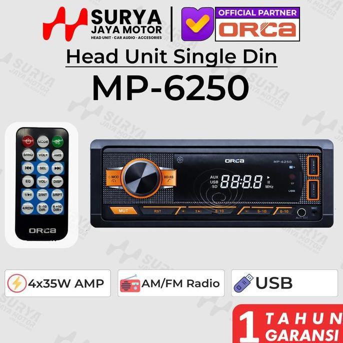 HARGA SAHABAT - Orca MP-6250 Head Unit Single Din mobil Bluetooth USB SD Card AUX RCA Out Radio MP3 