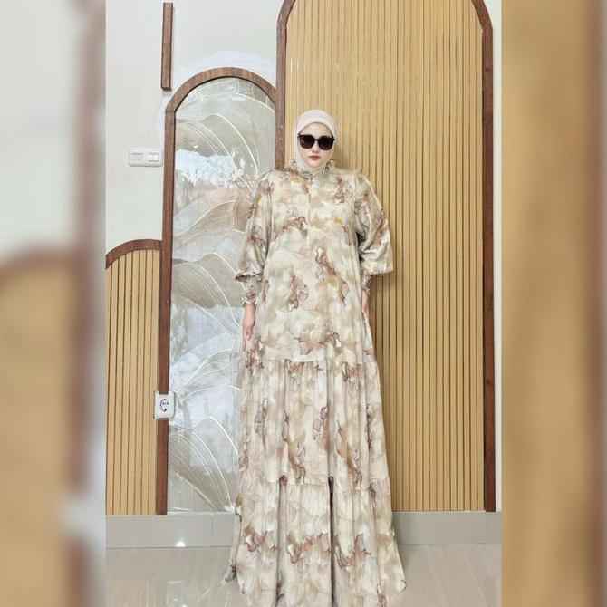 New Gamis Linen Bahan Katun Linen Cresbo Print  By Fajar Collection Muslim Wanita Gamis Mewah Promo 