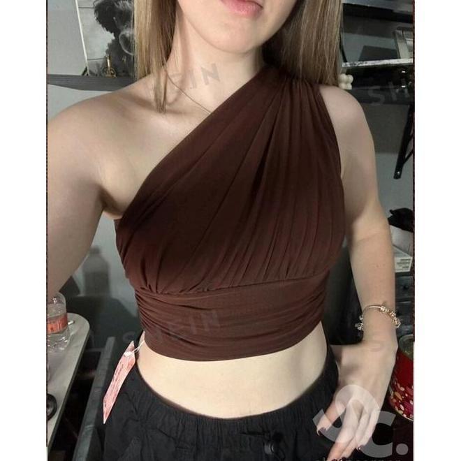 Shein Mod One Shein Mod One Shoulder Brown Ruched Crop Top Chocolate