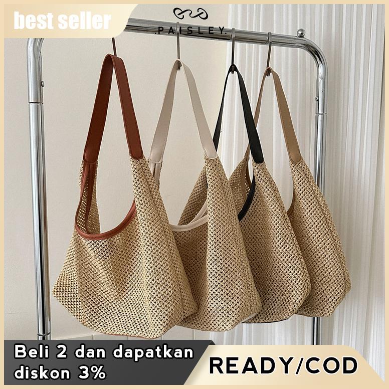 Tas Selempang Baru Berkapasitas Besar Tas Tangan Tenun Mode Rattan Shoulder Bag Casual Tas Bahu Wani