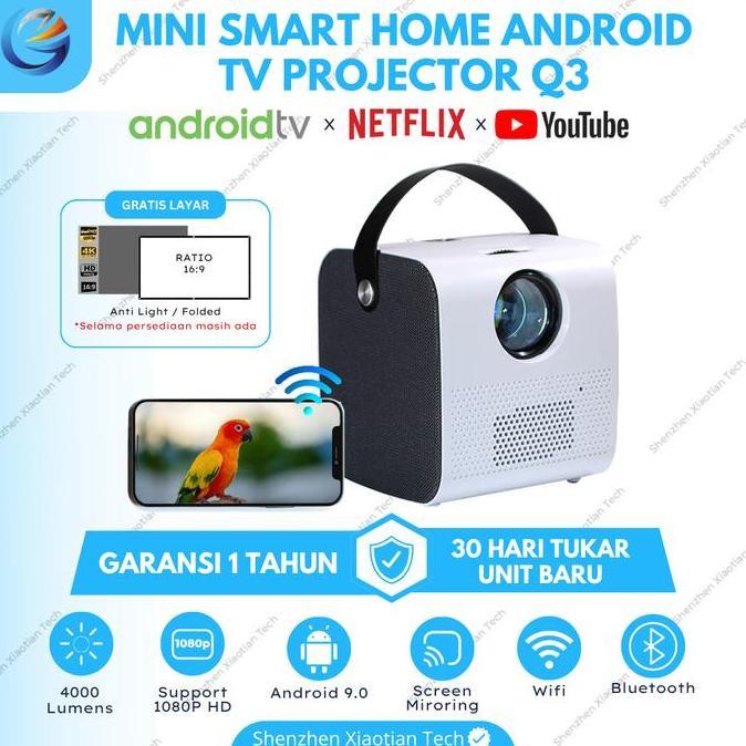 Proyektor TV Digital Android Wifi Q3 4000 Lumens | Proyektor Nobar | Proyektor Mini Android 4K | Pro