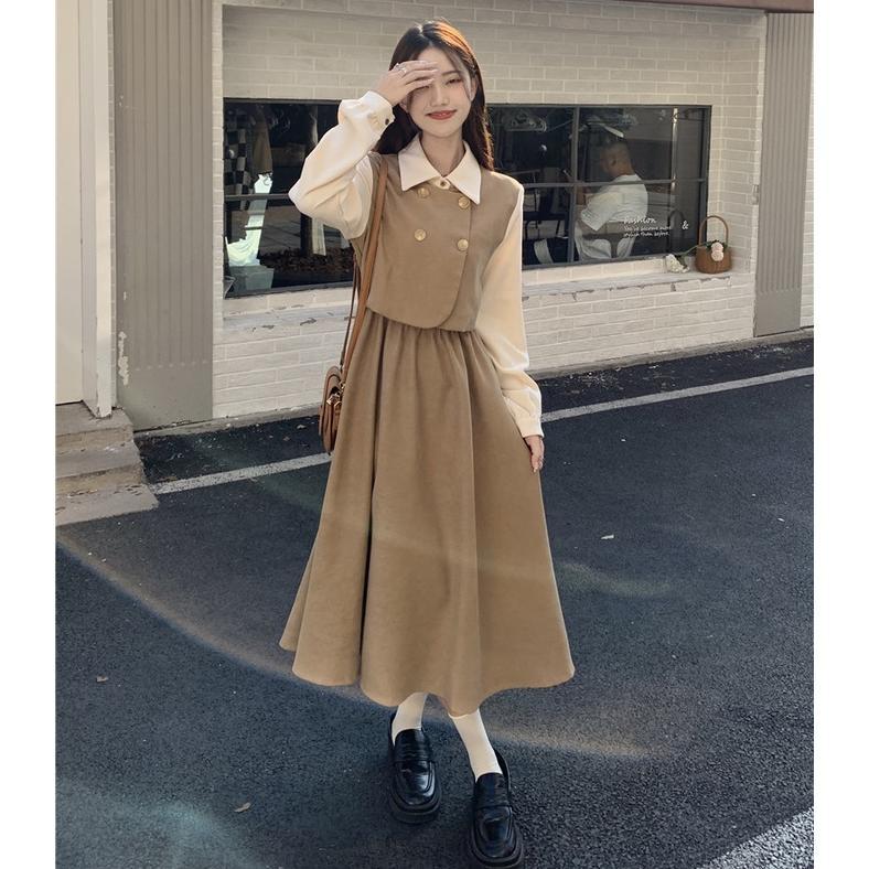 Favorit Dress Retro Kasual Wanita Gaya Korea Dress Lengan Panjang Kerja Longgar
