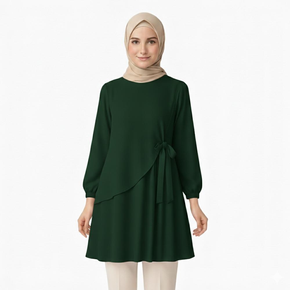 Premium Tunik Ruffle & Tali Samping Kiri Anggun Elegan Modern Simple Stylish Fashionable Ootd Muslim