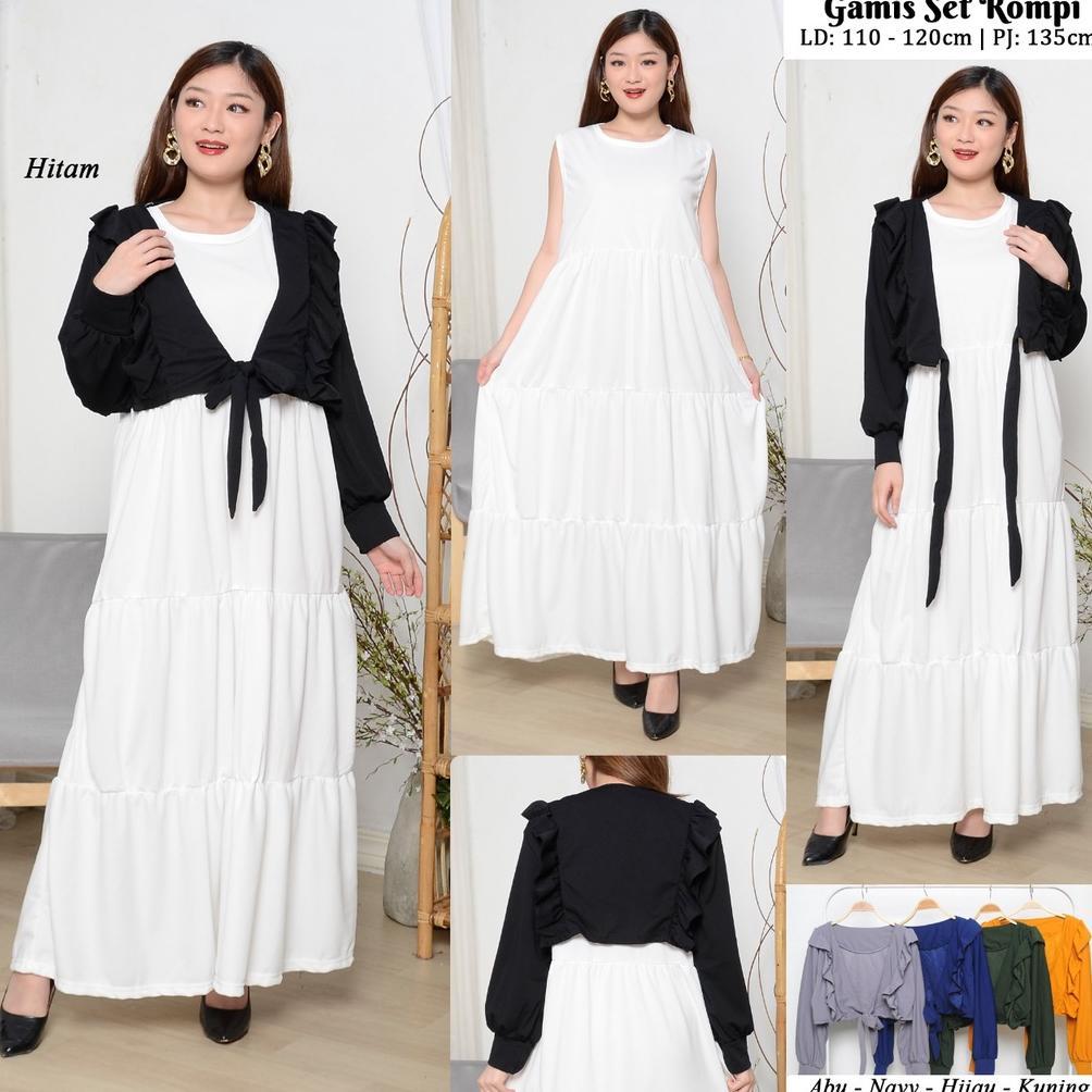 Gamis Set Rompi Jumbo Rample Bawah / Inner Putih Voxi Premium Fit XXL Ld 110-120