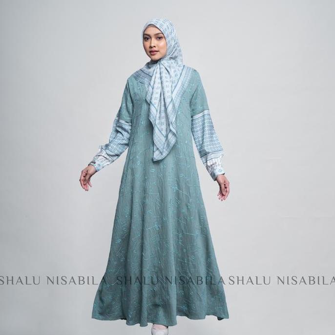 Shalu Nisabila - Jean Dress Gamis Bordir Kombinasi Panjang Coklat Maroon Grey Nyaman Syari Premium F
