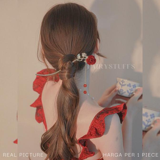 Tusuk Konde Aksesoris Hiasan Rambut Model Rumbai Bunga Mawar Merah
