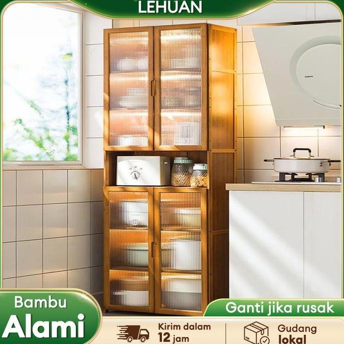 AZBOMO LH-Lemari Dapur Bambu Rak Penyimpanan Dapur Serbaguna Rak Kabinet Dapur Dengan 4 Pintu Transp