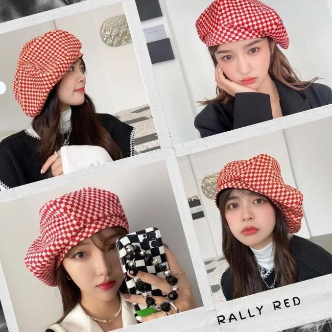 Topi Baret Artis Korea Motif Kotak2 Topi Size Besar Topi OOTD Hijab