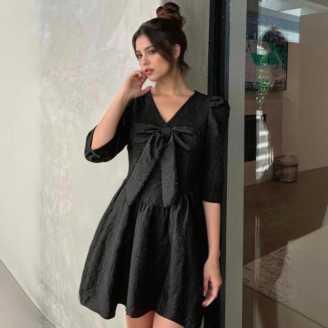 DALIGAD 5858 Black SummerMini Dress for Women Casual Elegant Mafia Outfit Baju Pantai Bunga Mini Pes