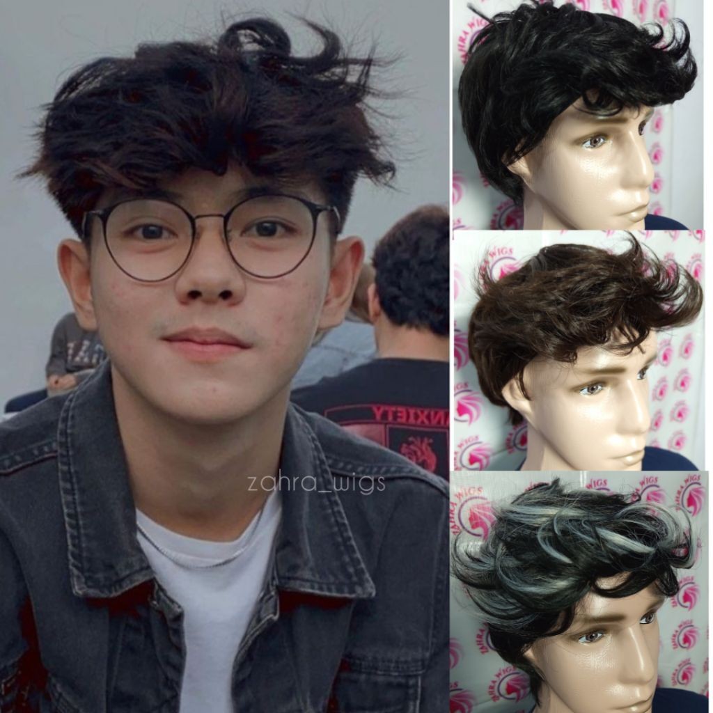 Wig Pria Rambut Pendek Gondes Kece Badai Warna Hitam Coklat Highlight