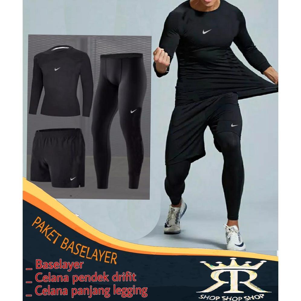 Original Paket Setelan Baselayer Manset Leher Tinggi Legging Manset Pria Dan Celana Futsal Sepeda Vo