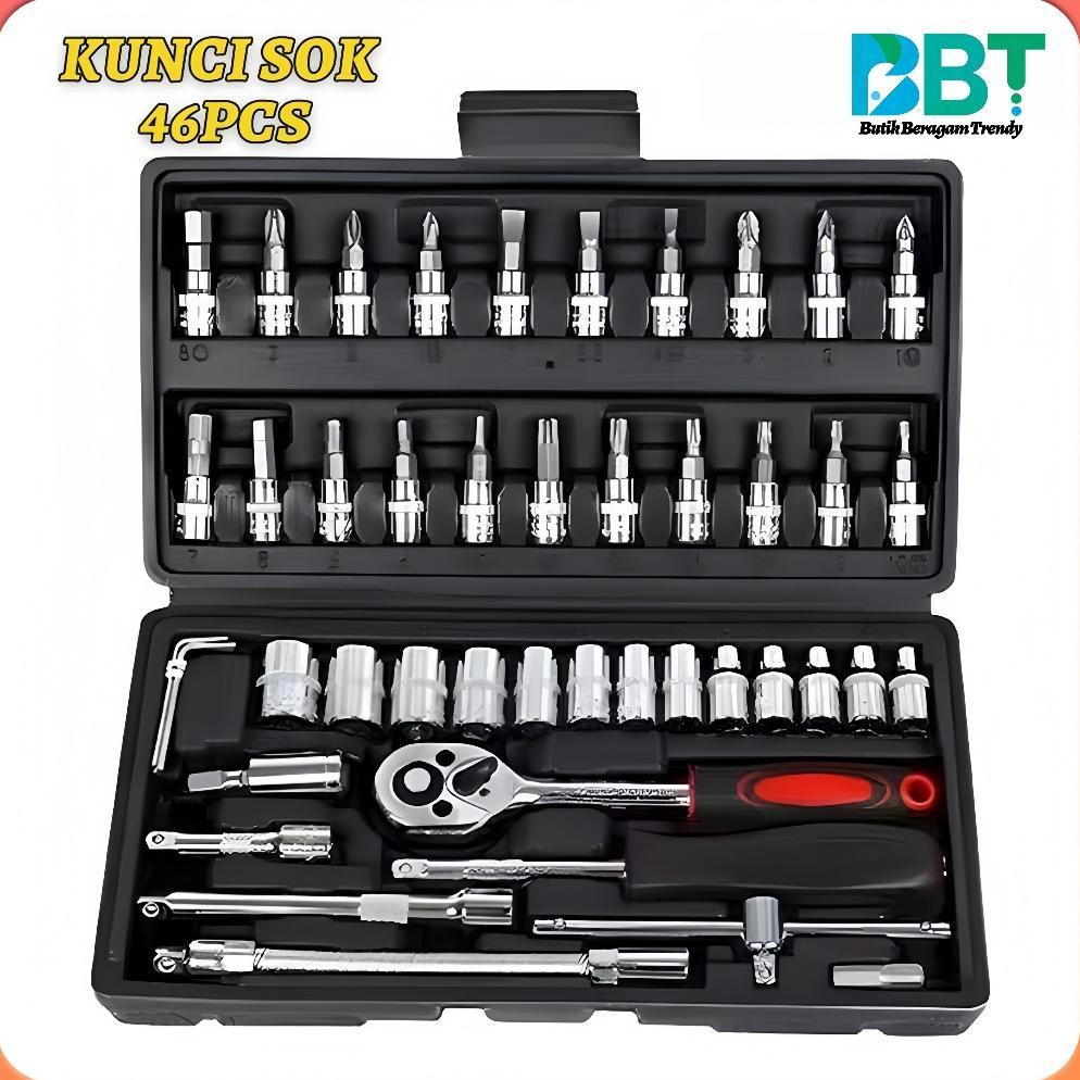 Premium Set Kunci Socket 46 Pcs Full Set (1/4 ") Pas Ring L Motor Kunci/Kunci L Set Cr-V Lengkap/Kun