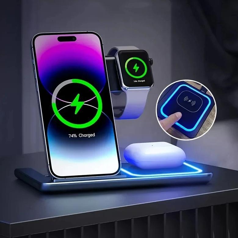 TERBARU 3 In 1 Wireless Charger Foldable Charging Station LED For Mobile Phone iPhone 15 14 13 12 11