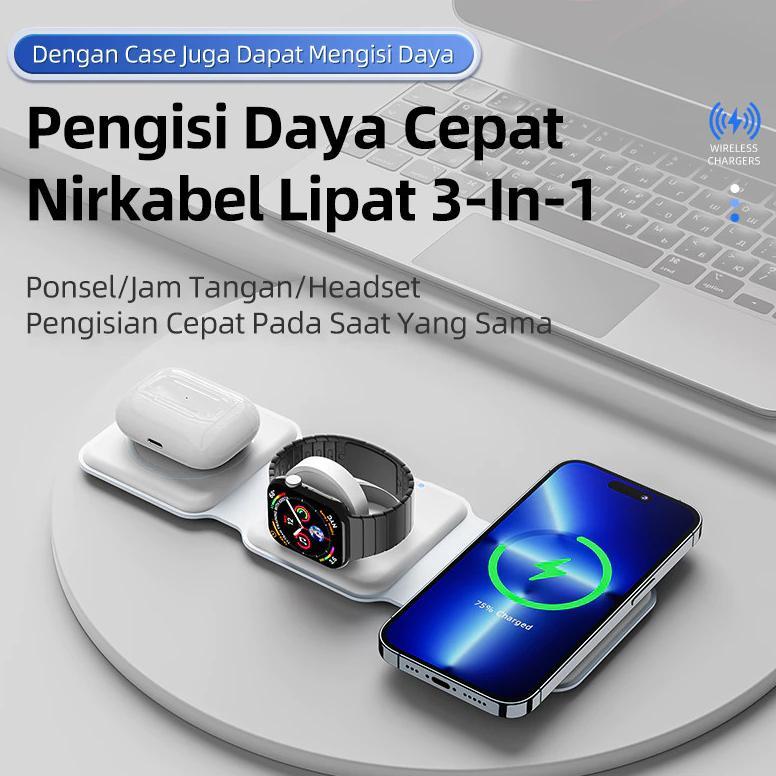 BEST SALE eNest 3-IN-1 Magnetic Wireless Charger Foldable - Pengisi Daya Nirkabel Lipat 15W Cepat un