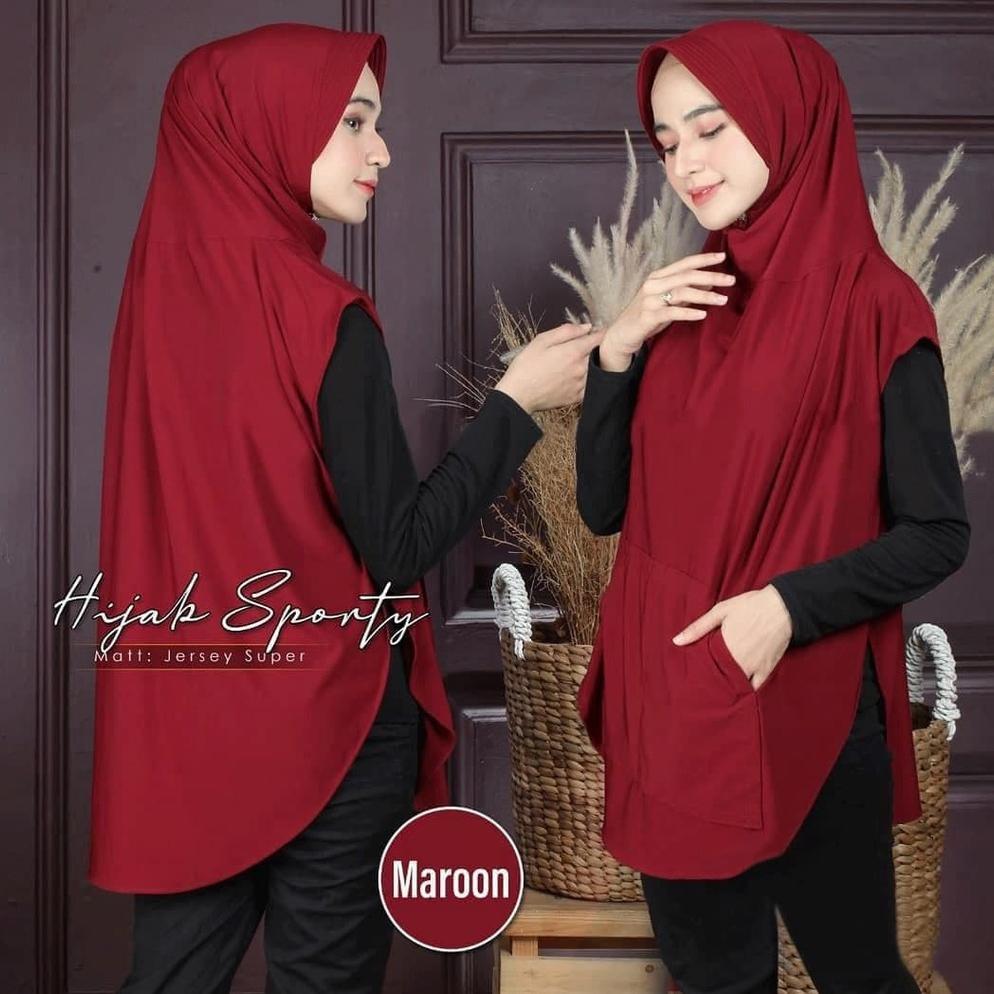 new falisha saku jilbab khimar hijab sporty lengan saku jersy streach | kerudung olahraga jumbo