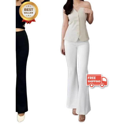 BISA COD//Celana Fit And Flare Pants Cutbray Scuba Pinggang Highwaist Bahan Stretch Melar Elastis Ku