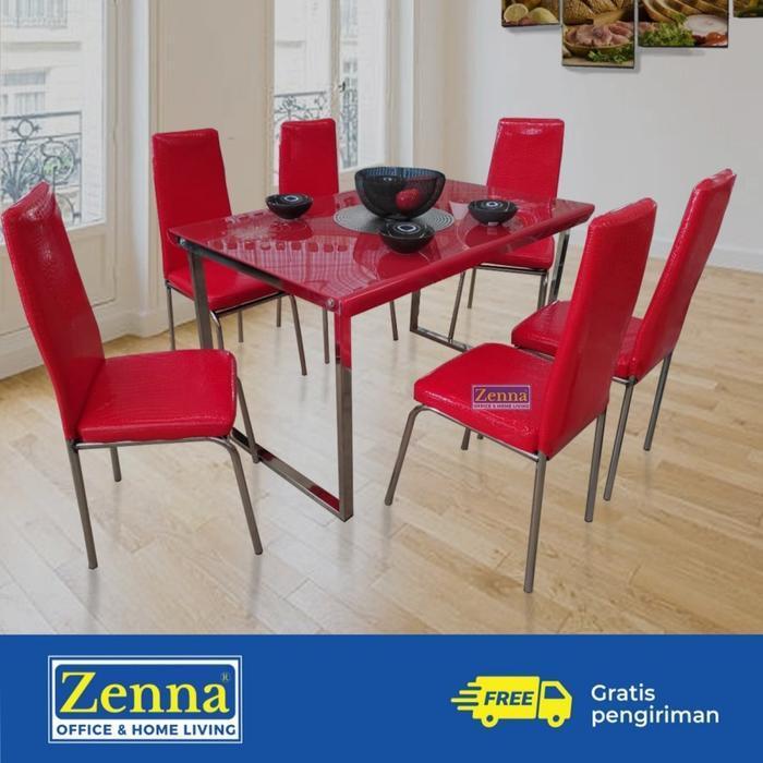 Zenna dining set kaca + 6 kursi / meja makan - Merah