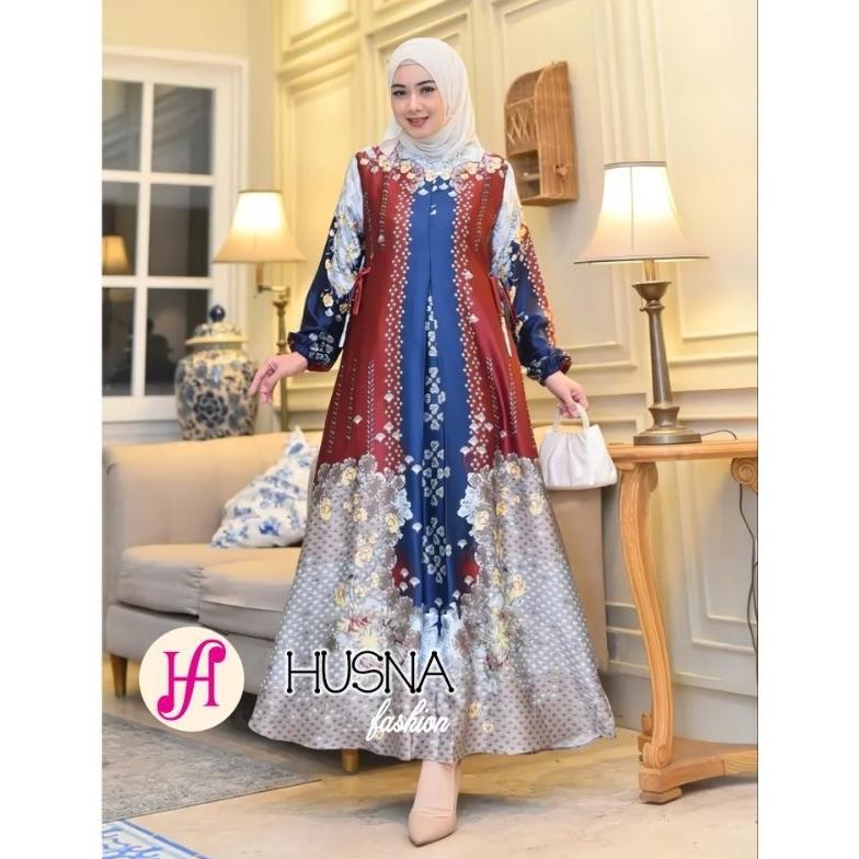 Diskon Gamis Silk Premium Motif Terbaru Bunsui Medina Dress Kondangan Warna Cream Navy Sage Terlaris
