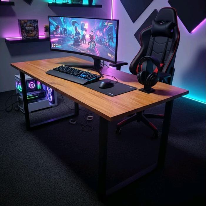 Meja kerja kantor komputer gaming kayu jati asli kaki besi holo galvanis