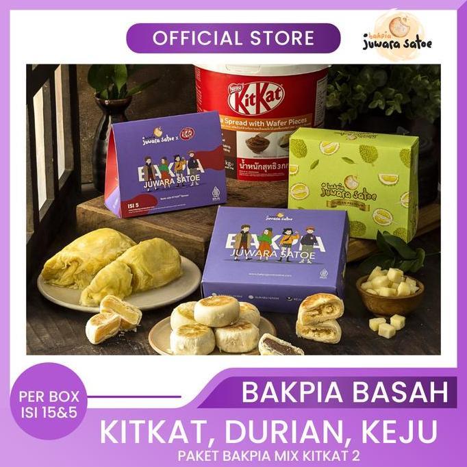 JUWARA SATOE [ 3 BOX ] PAKET BAKPIA BASAH MIX KITKAT 2 [KITKAT, DURIAN, KEJU] - JUWARA SATOE
