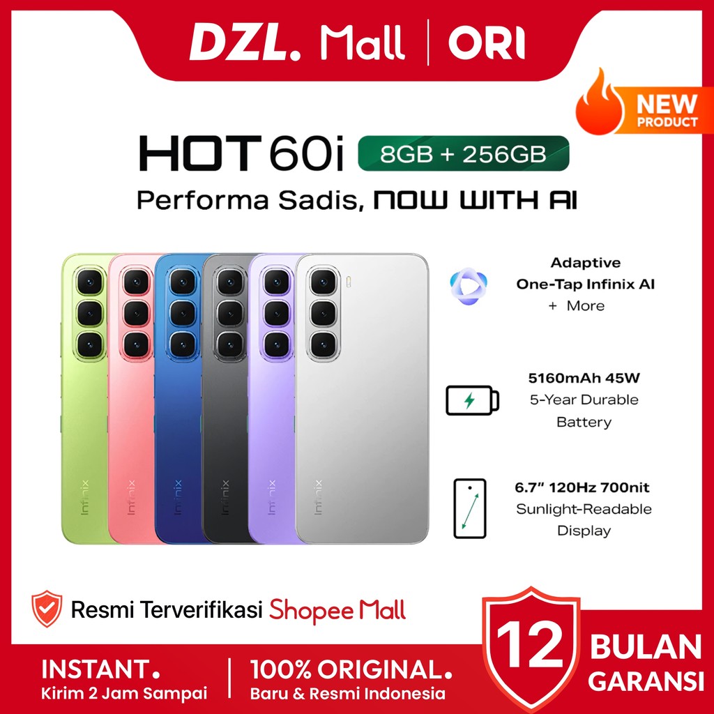 DZL - HP INFINIX Hot 60i 8/256 6/128 GB Original Garansi Resmi Official Store Handphone Ori