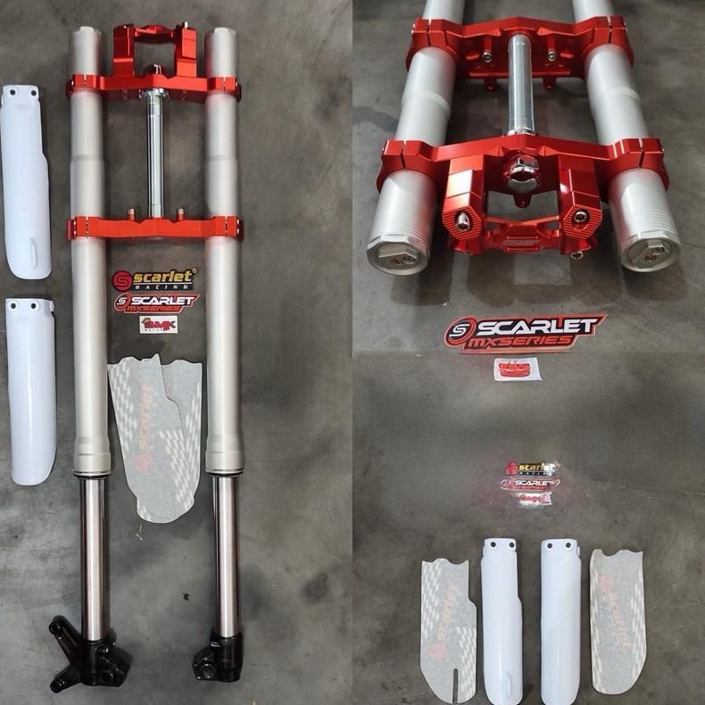 SHOCK KLX / D TRACKER USD DOUBLE ADJUSTER 910MM FULL CNC + SEAL CADANGAN + CAVER SHOCK DLL SCARLET R