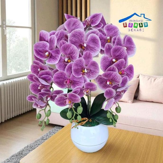 HARGA TERBAIK - BUNGA SUDUT ANGGREK LATEX BULAN 3 CABANG MODEL SEJAJAR DENGAN POT BOLA Plastik