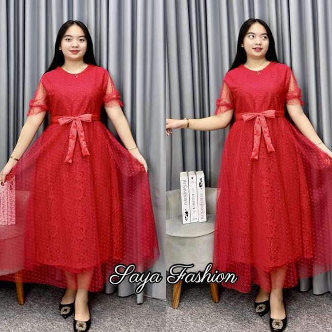 Kleid- Dress Brokat Polos Putih Maxi Mewah 20110 Casual Kombinasi Tutu Pesta Wanita
