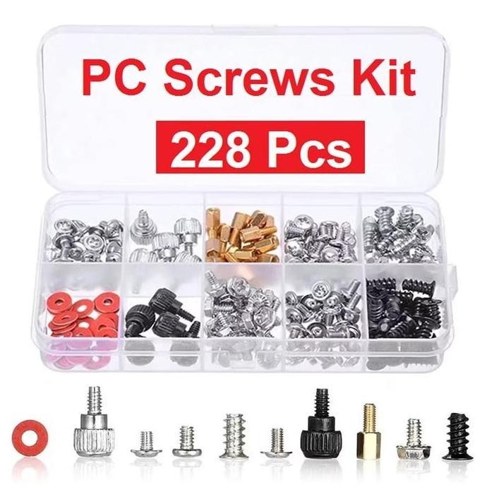SAND Paket Lengkap Baut Komputer 228Pcs Mur PC Screw Set Lengkap CPU Rakitan Box Sekrup Spacer Ring 