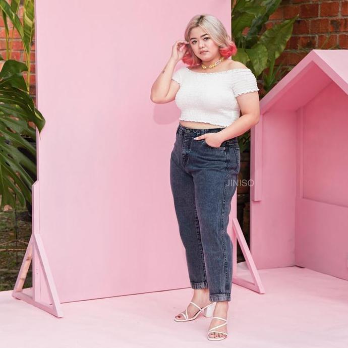 Hose- Jiniso Real Curvy - 1304 Jumbo Boyfriend Highwaist Celana Jeans Wanita Warna Black Acid