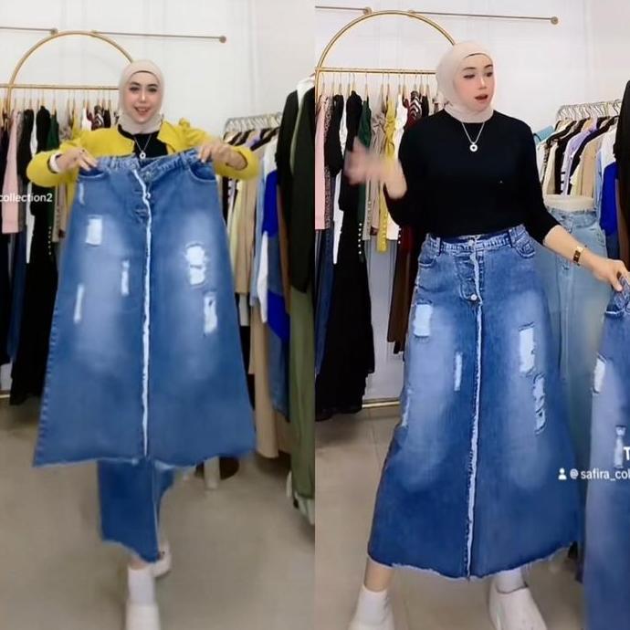 Hose- Rok Jeans Rawis Sobek Tidak Tembus Slit Wanita Panjang Dewasa Size 31-34 - Samping