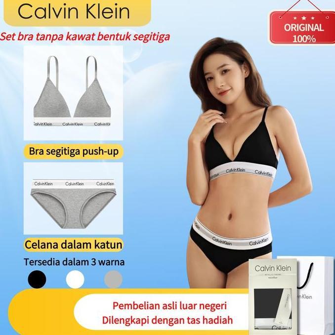 Setelan pakaian dalam wanita Calvin Klein asli - bra olahraga tanpa kawat dan set celana dalam bikin