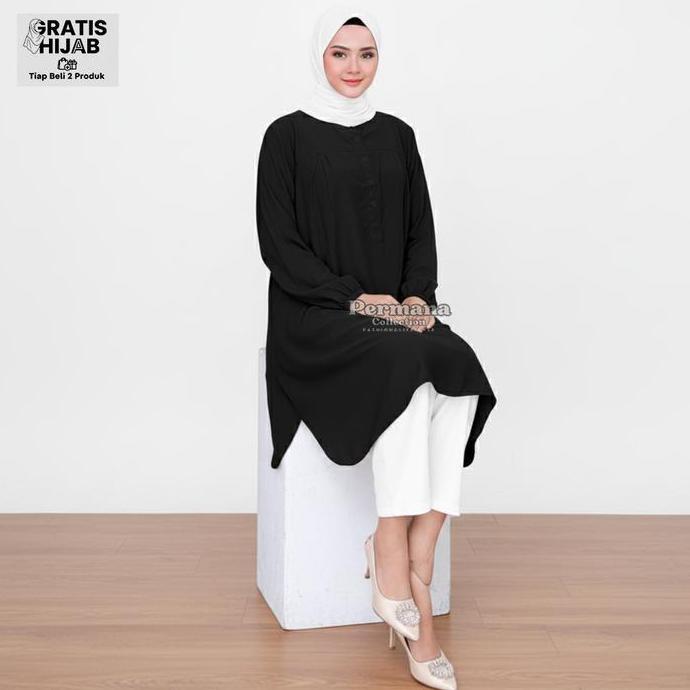 Uprelig- Atasan Wanita Lengan Panjang Baju Kemeja Muslim Tunik Warna Merah Dewasa Rayon Kantong Basi