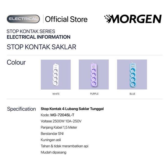 MORGEN STOP KONTAK MG-7204-SL-T 4 LUBANG + SAKLAR + KABEL 1,5 METER ORIGINAL DAN TERPERCAYA