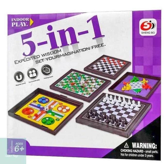 Mainan Board Game Ular Tangga Magnet 5 in 1 Catur Ludo Halma Catur