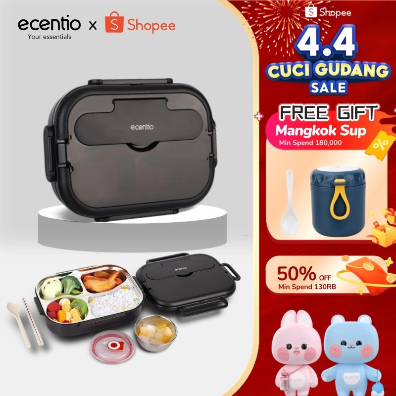 ecentio lunch box 1000ml stainless 304 sekat 4 dan tempat sup kotak makan anti tumpah free sendok su